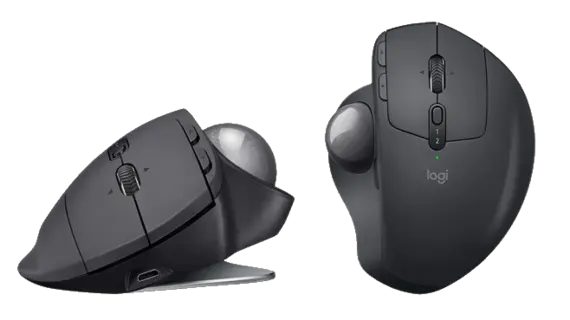 Abbildung der Maus Logitech MX Ergo aus zwei Perpektiven