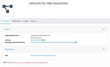 Screenshot aus dem Forschungsinformationssystem: Die ID fr eine Organisationseinheit steht unten auf der Seite ganz hinten im Permalink.