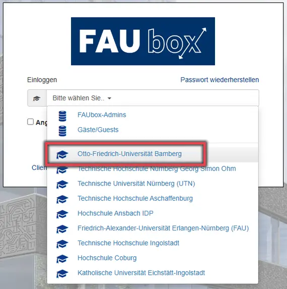 Ansicht Zeigt die Anmeldeseite der FAUbox