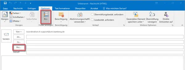 Outlook-Anwendungsfenster mit Markierung der Bcc-Felder