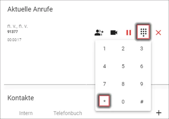 Das Bild zeigt die ?bersicht der aktuellen Anrufe. Zur Einstellung des automatischen Rckrufs muss das Zahlenfeld auf der rechten Seite ausgew?hlt und anschlie?end die Stern-Taste gedrckt werden.