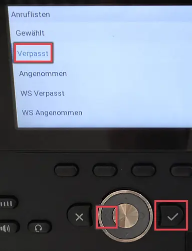Ansicht der Anruflisten. Mit Markierungen der Pfeiltasten, Best?tigungstaste und dem "Verpasst" Menpunkt